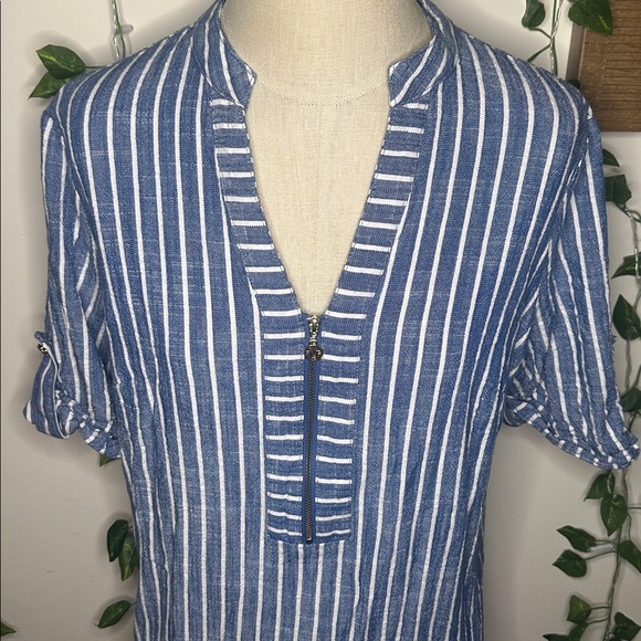 Anne Klein Linen Style Blue and White Shift T-Shirt Dress Striped Gold Accents - Picture 2 of 6